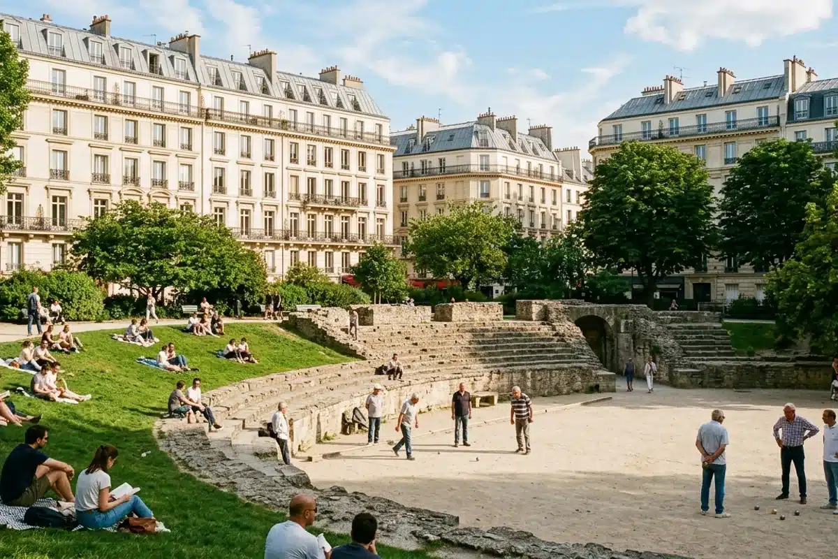 Arènes de Lutèce, vestige gallo-romain dans le 5e arrondissement Les Arènes de Lutèce à Paris, amphithéâtre gallo-romain avec pelouse verte, joueurs de pétanque et immeubles alentour