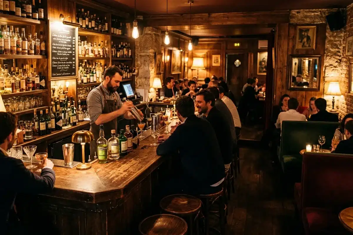 Intérieur feutré d'un bar à cocktails à Paris