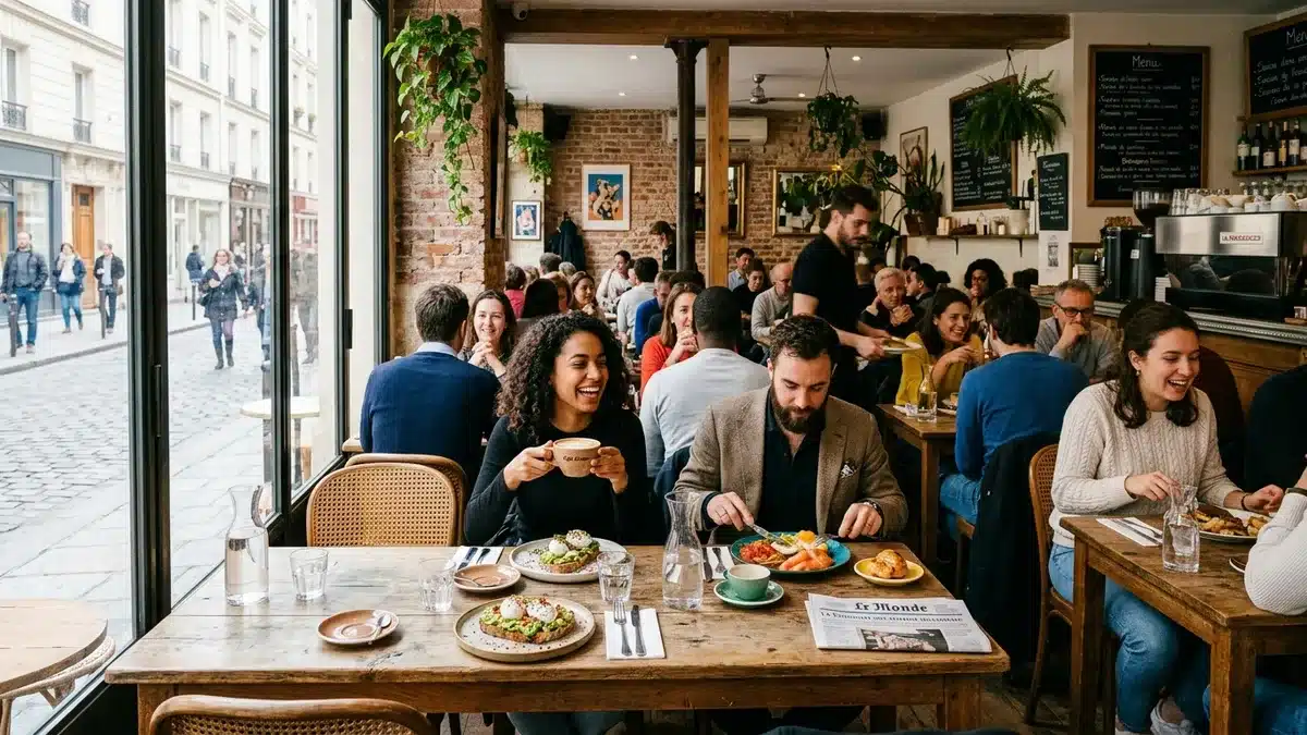 Intérieur d'un restaurant brunch parisien un dimanche matin, tables en bois et lumière naturelle