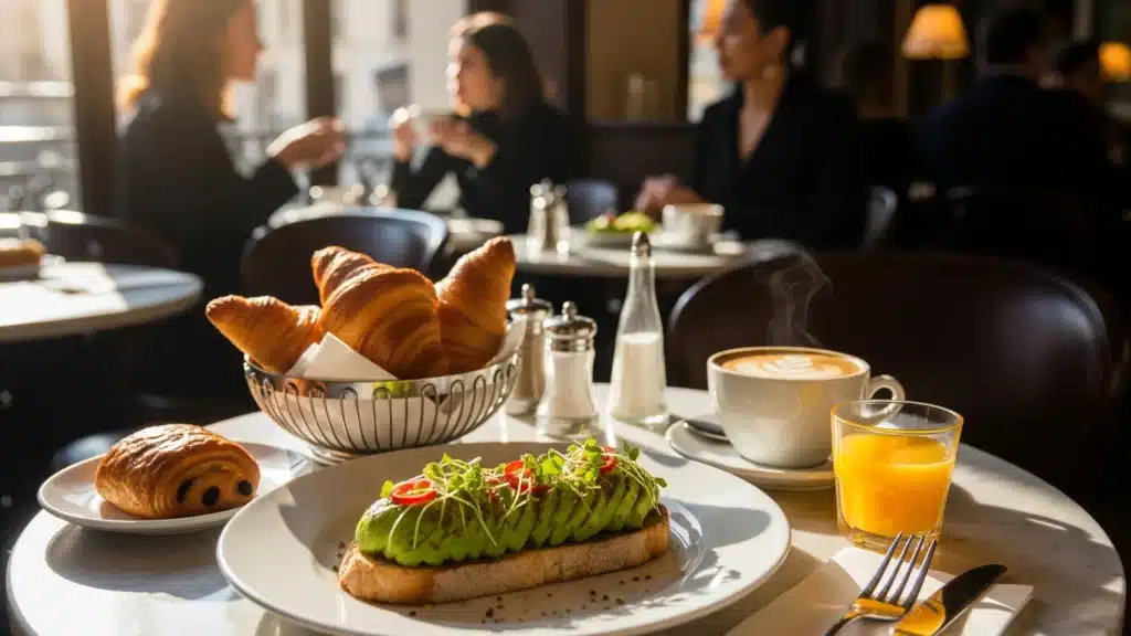 Scène de brunch dans un café du Marais parisien, lumière naturelle et viennoiseries sur une table en marbre
