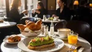Scène de brunch dans un café du Marais parisien, lumière naturelle et viennoiseries sur une table en marbre