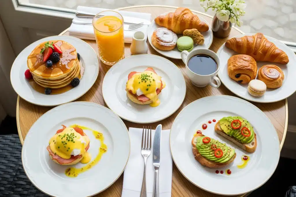 Brunch à Paris, table garnie de pancakes, œufs, avocado toast et café en lumière du matin
