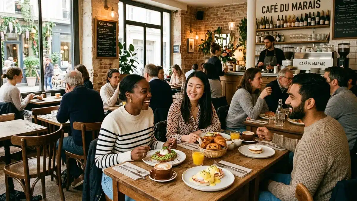Café brunch Paris Marais, intérieur Intérieur d'un café brunch trendy du Marais un dimanche matin, clients attablés avec toast avocat et oeufs bénédicte