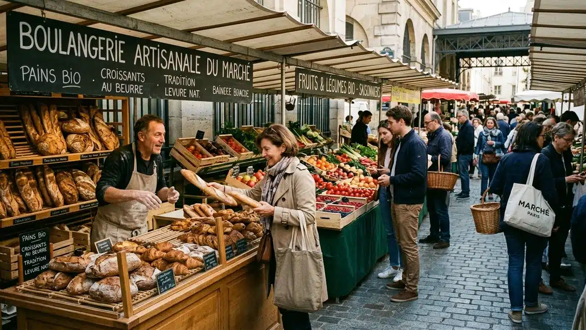 Produits artisanaux brunch Paris, marché Marché parisien avec pain artisanal, viennoiseries et produits frais, étal de boulanger, lumière matinale