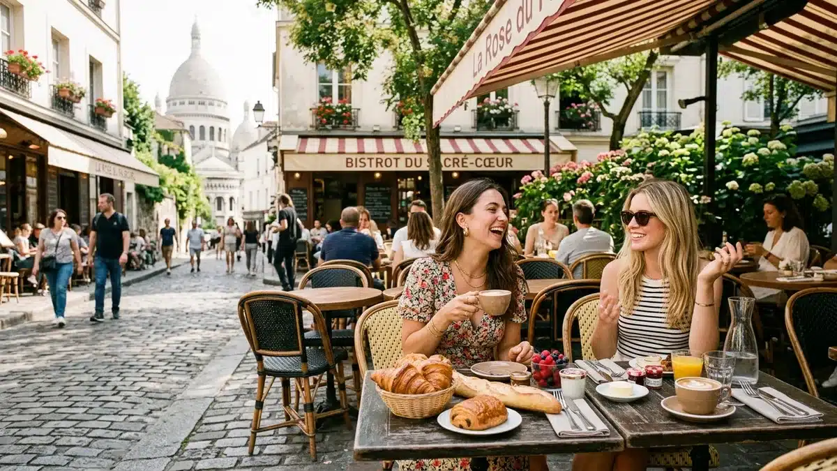 Terrasse brunch Paris matin ensoleillé Terrasse de café parisien le matin avec croissants et café, chaises en osier sur pavés de Montmartre