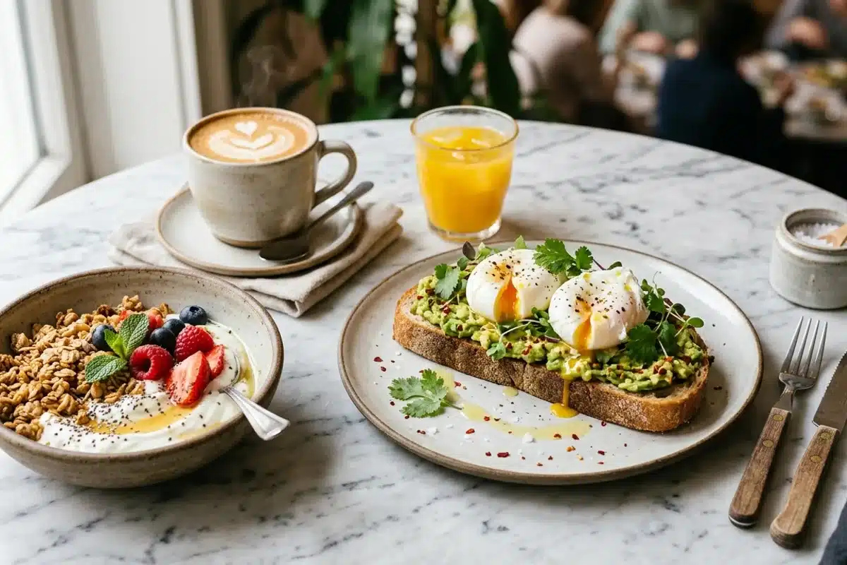 Assortiment de brunch parisien Gros plan d'un brunch parisien avec avocado toast, œufs pochés et granola