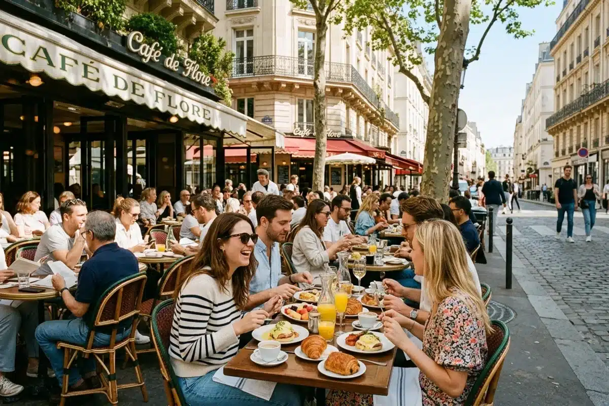 Brunch en terrasse à Paris Personnes brunchant sur une terrasse de café parisienne ensoleillée le matin