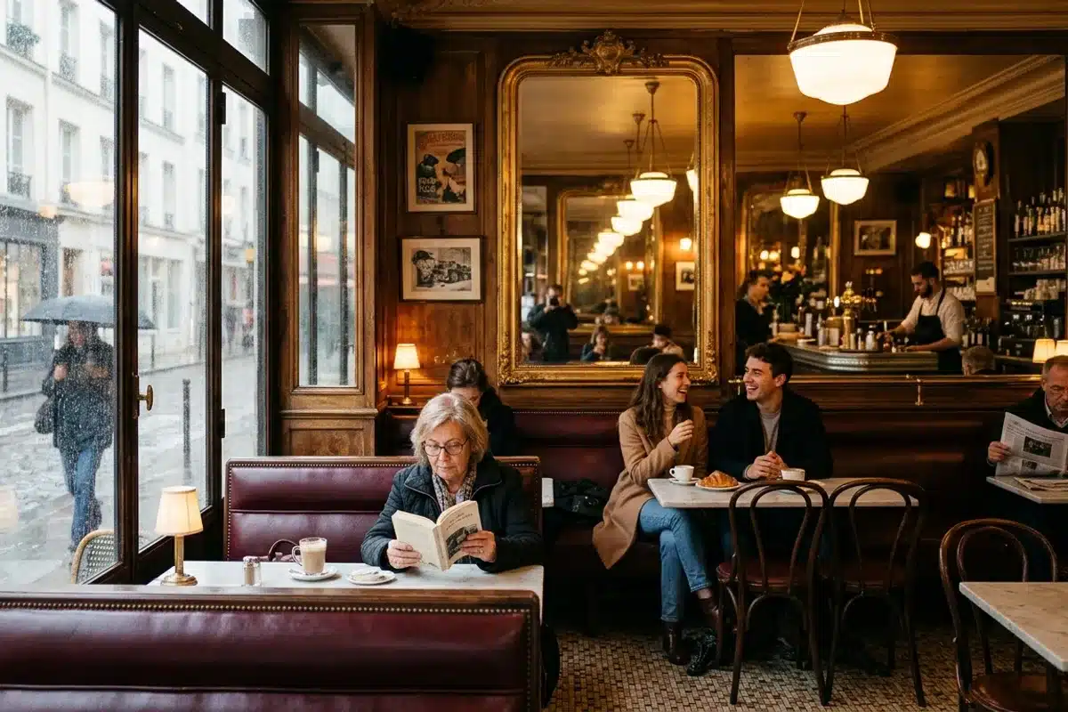 Café parisien intérieur par temps de pluie Intérieur d'un café parisien traditionnel, décor art déco et ambiance feutrée par temps de pluie