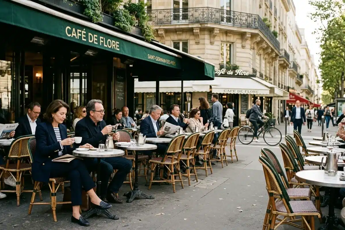 Terrasse d'un café parisien à Saint-Germain-des-Prés avec chaises en rotin et petites tables rondes