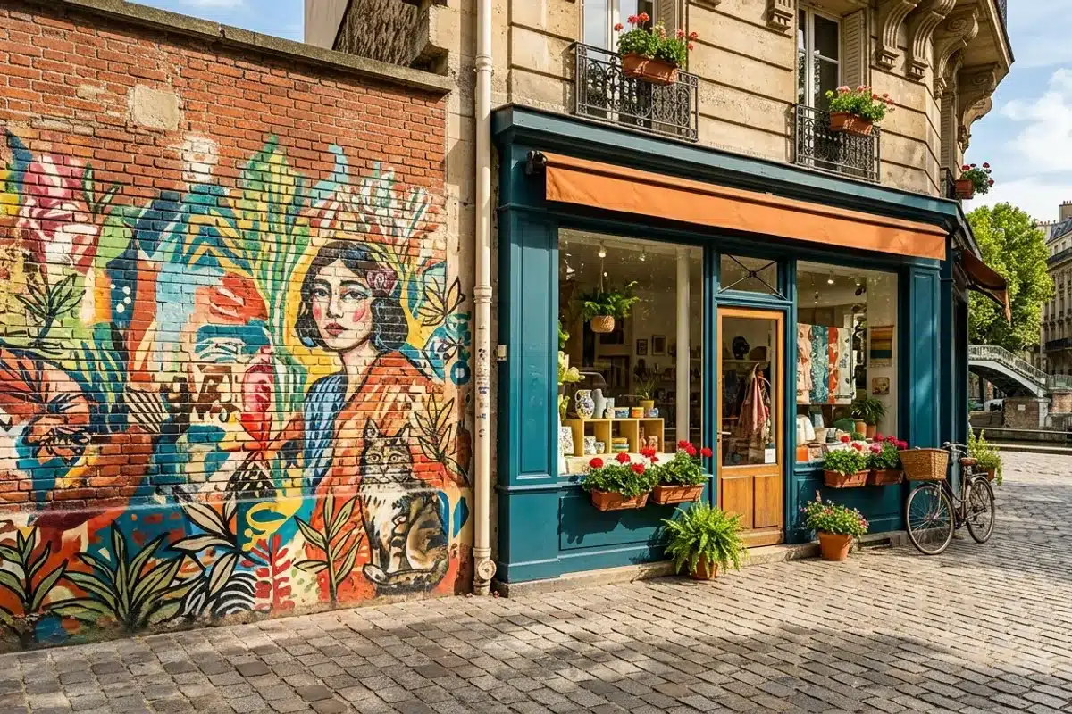 Boutique indépendante et street art près du canal Saint-Martin Façade colorée d'une boutique indépendante et mural de street art dans une rue adjacente au canal Saint-Martin