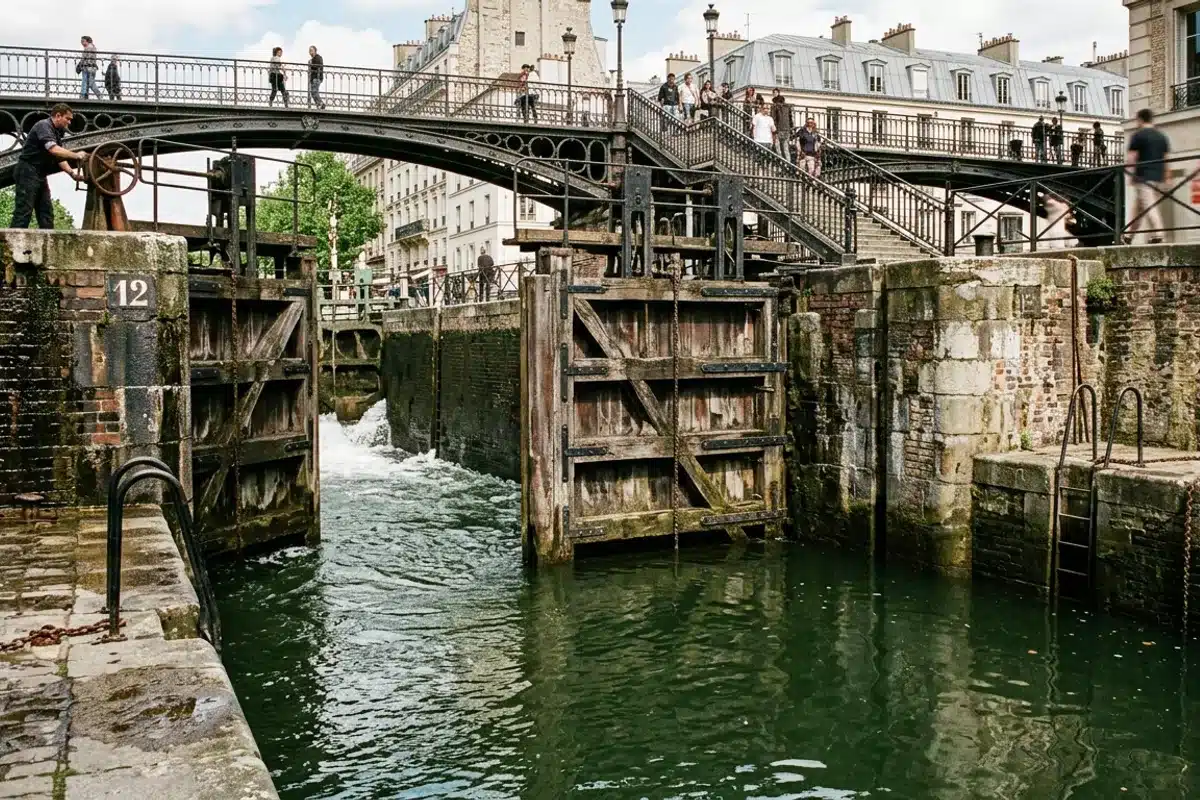 Écluse historique du canal Saint-Martin, Paris Une des neuf écluses du canal Saint-Martin avec ses portes en bois et métal, Paris 10e