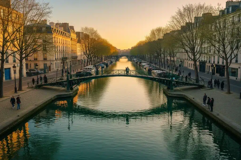 Vue du canal Saint-Martin avec ses passerelles en fer forgé et ses berges ombragées, Paris