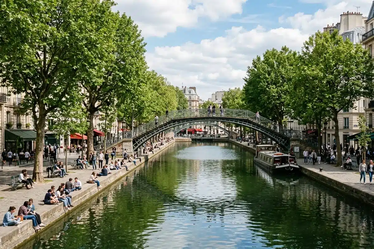 Le Canal Saint-Martin à Paris avec ses passerelles en fer et ses quais arborés
