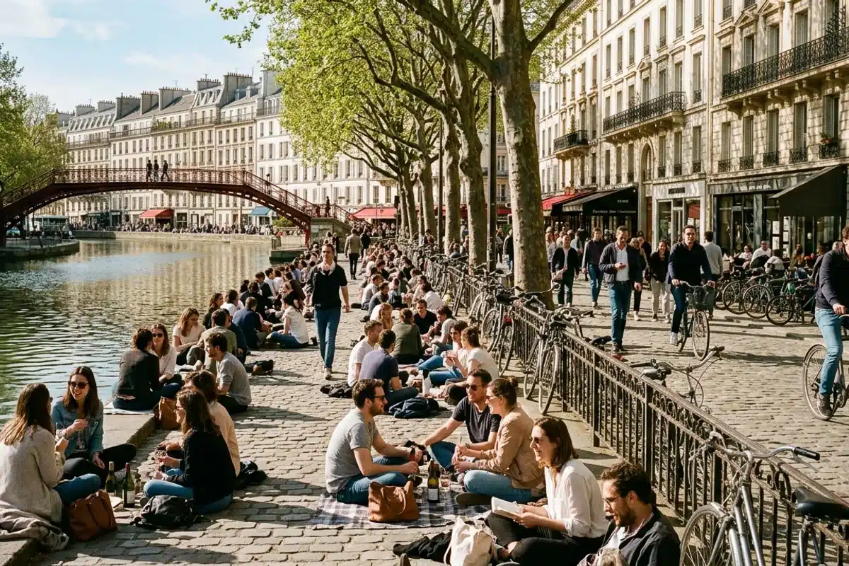 Quai de Valmy le long du canal Saint-Martin Promeneurs assis sur les berges du canal Saint-Martin, quai de Valmy, Paris