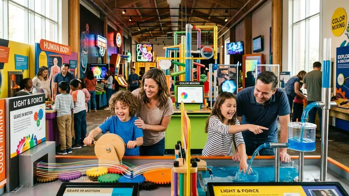 Enfants explorant des expositions interactives dans un musée des sciences parisien