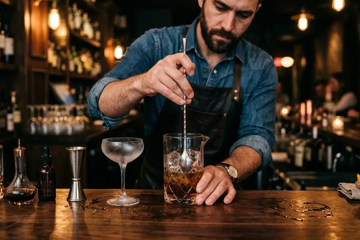 Cocktail d'auteur dans un bar parisien Barman préparant un cocktail d'auteur sur un comptoir en bois sombre