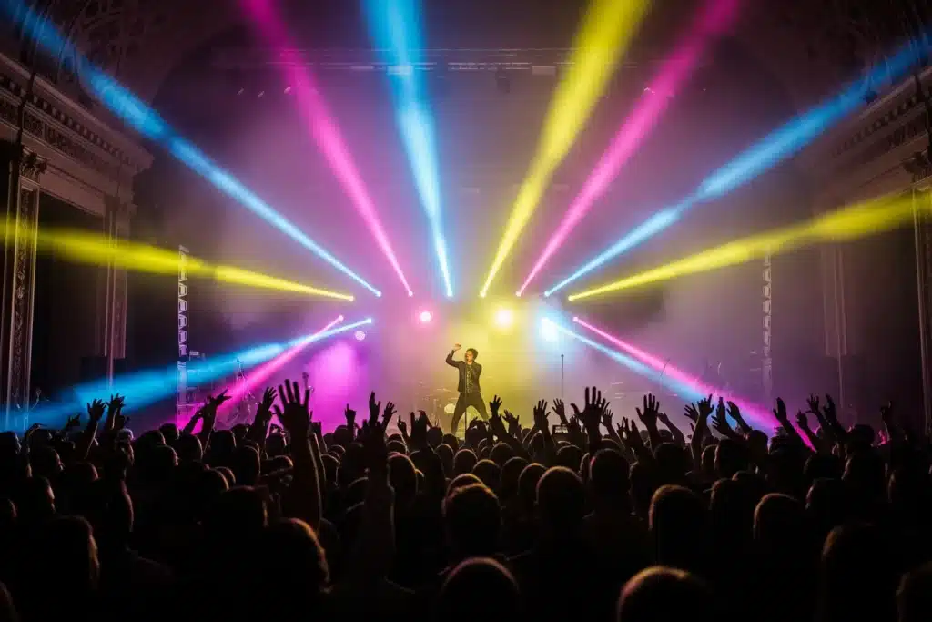 Concert à Paris, foule enthousiaste devant une scène aux lumières colorées