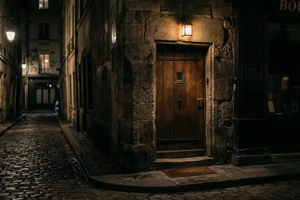 Entrée dérobée d'un speakeasy parisien Porte dérobée et discrète menant à un speakeasy à Paris, éclairage tamisé
