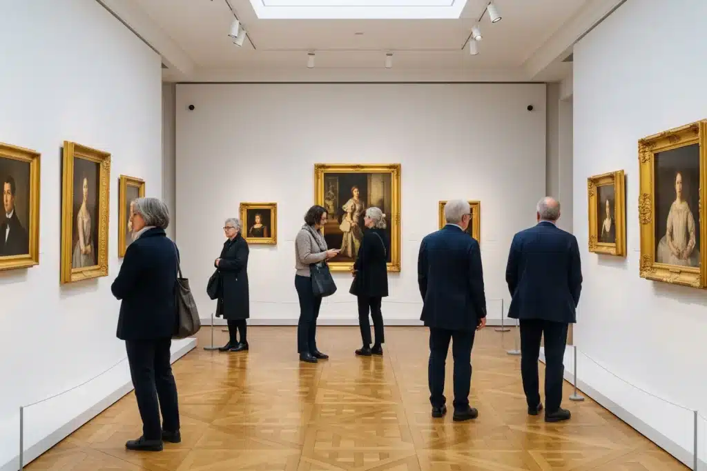 Exposition à Paris, visiteurs admirant des tableaux dans une galerie de musée lumineuse