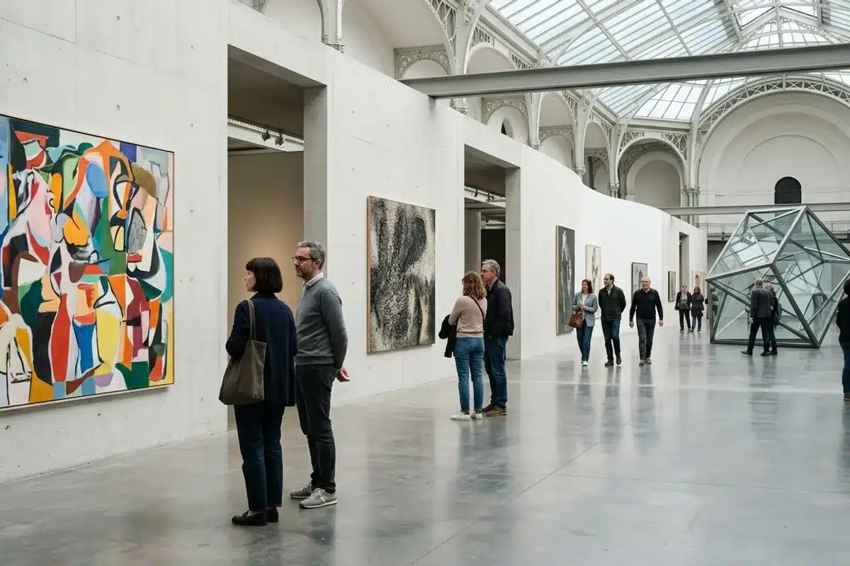 Visiteurs dans une exposition parisienne Visiteurs admirant des oeuvres dans une galerie d'exposition à Paris