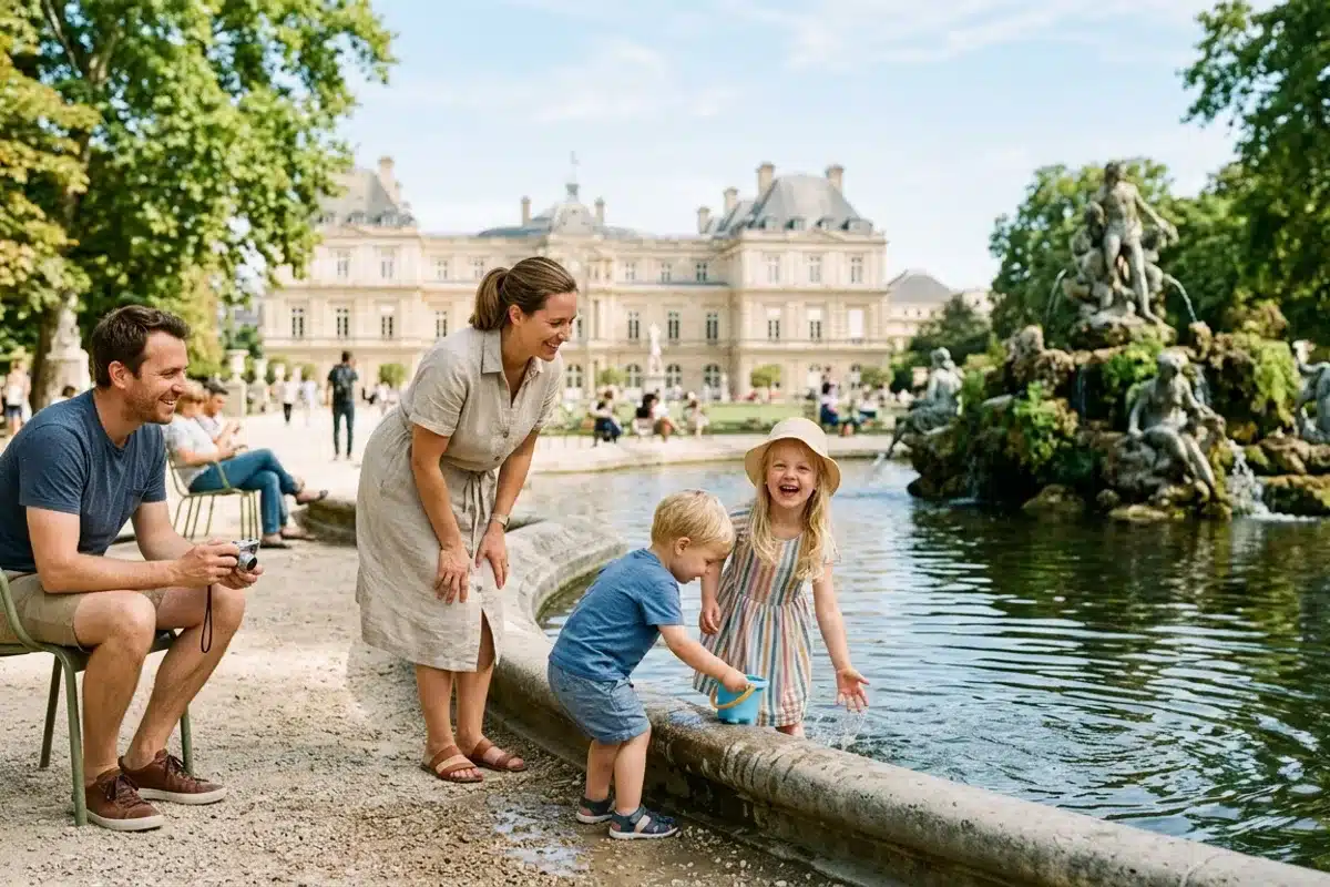 Famille se promenant dans un jardin parisien Parents et enfants profitant d'un jardin public parisien en semaine