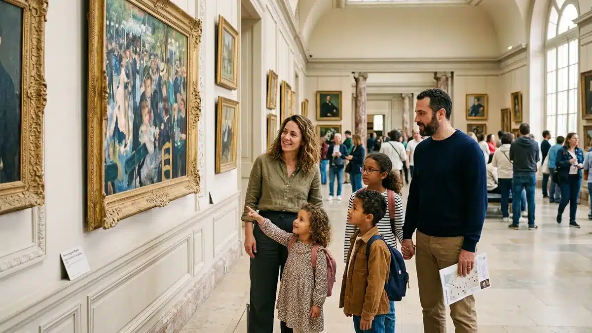 Famille visitant une exposition à Paris, parents et enfants découvrant une galerie ensemble