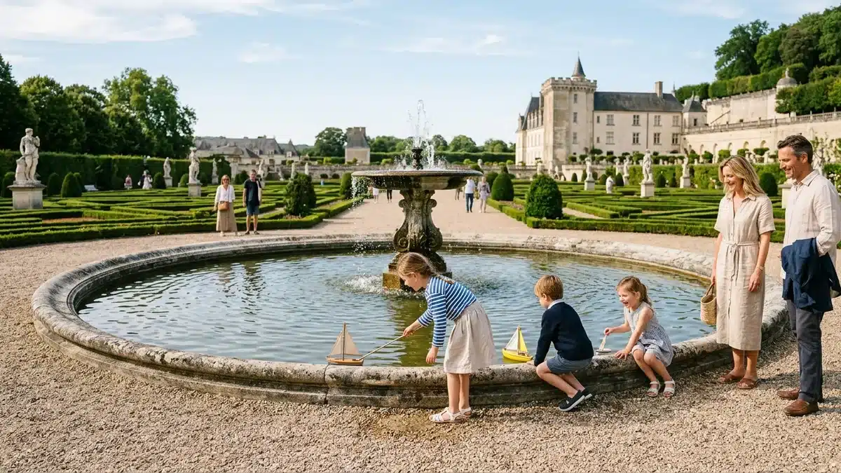 Enfants faisant naviguer des voiliers sur le grand bassin du Jardin du Luxembourg à Paris