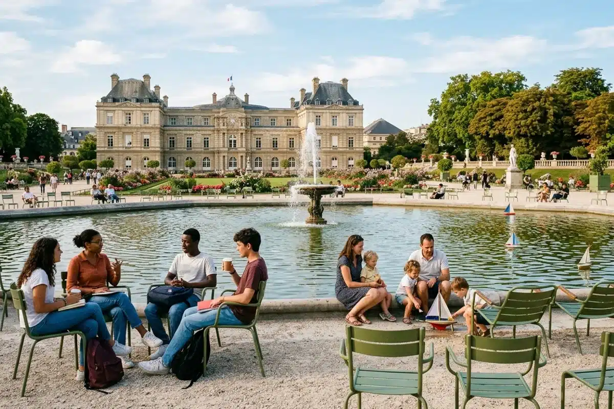Jardin du Luxembourg avec chaises vertes, bassin central et le Palais du Luxembourg en arrière-plan