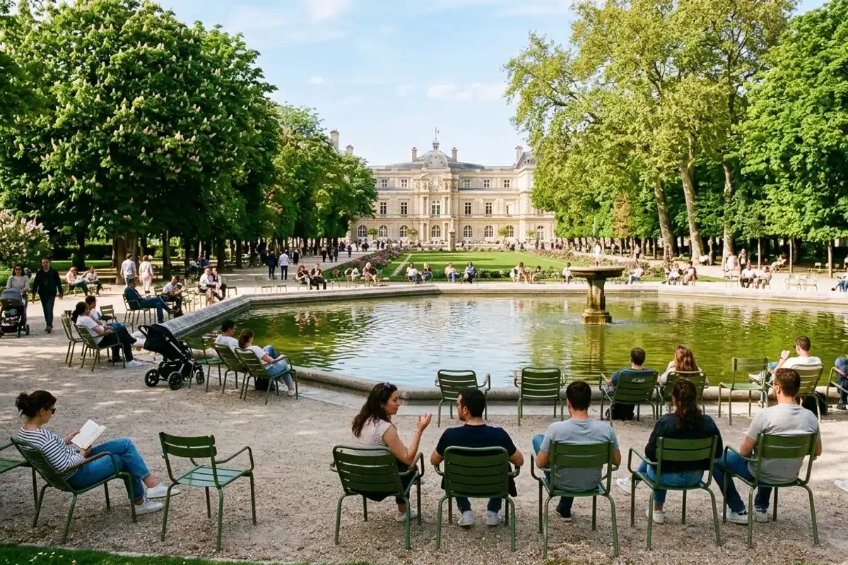 Jardin public à Paris - activité gratuite Jardin public parisien avec chaises vertes et promeneurs par beau temps, activité gratuite à Paris