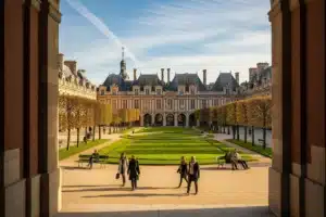 Le Marais à Paris, les arcades de brique et le jardin de la place des Vosges