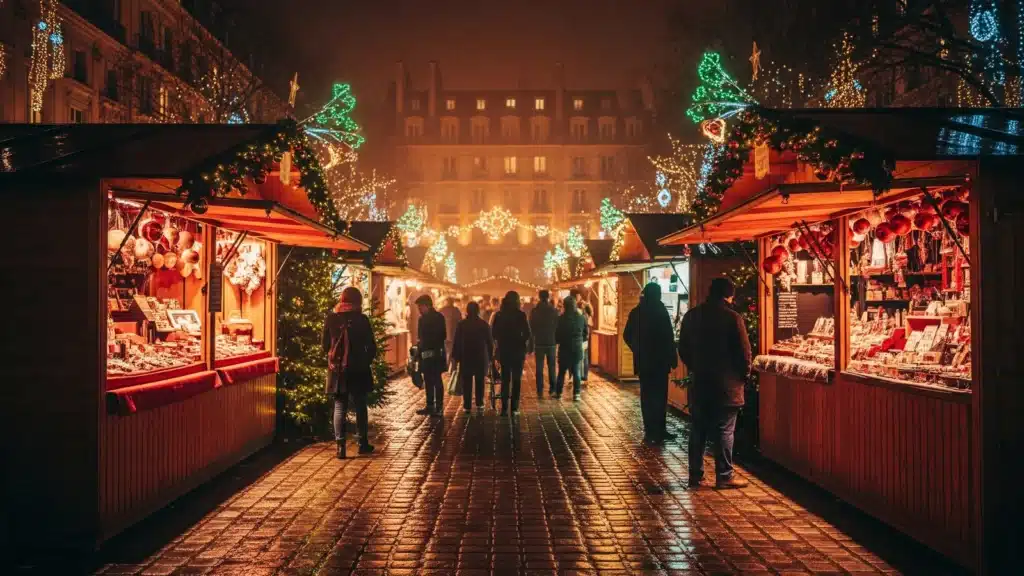 Marché de Noël parisien la nuit avec chalets illuminés, reflets sur les pavés mouillés et façades haussmanniennes