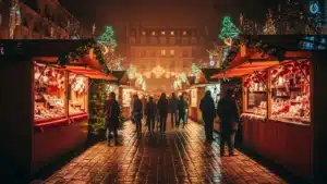 Marché de Noël parisien la nuit avec chalets illuminés, reflets sur les pavés mouillés et façades haussmanniennes