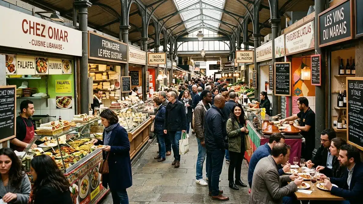 Marché couvert des Enfants-Rouges dans le Marais, stands de cuisine variée et clients au déjeuner