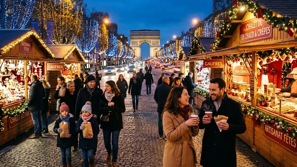 Chalets du marché de Noël illuminés sur un boulevard parisien au crépuscule avec couples et familles