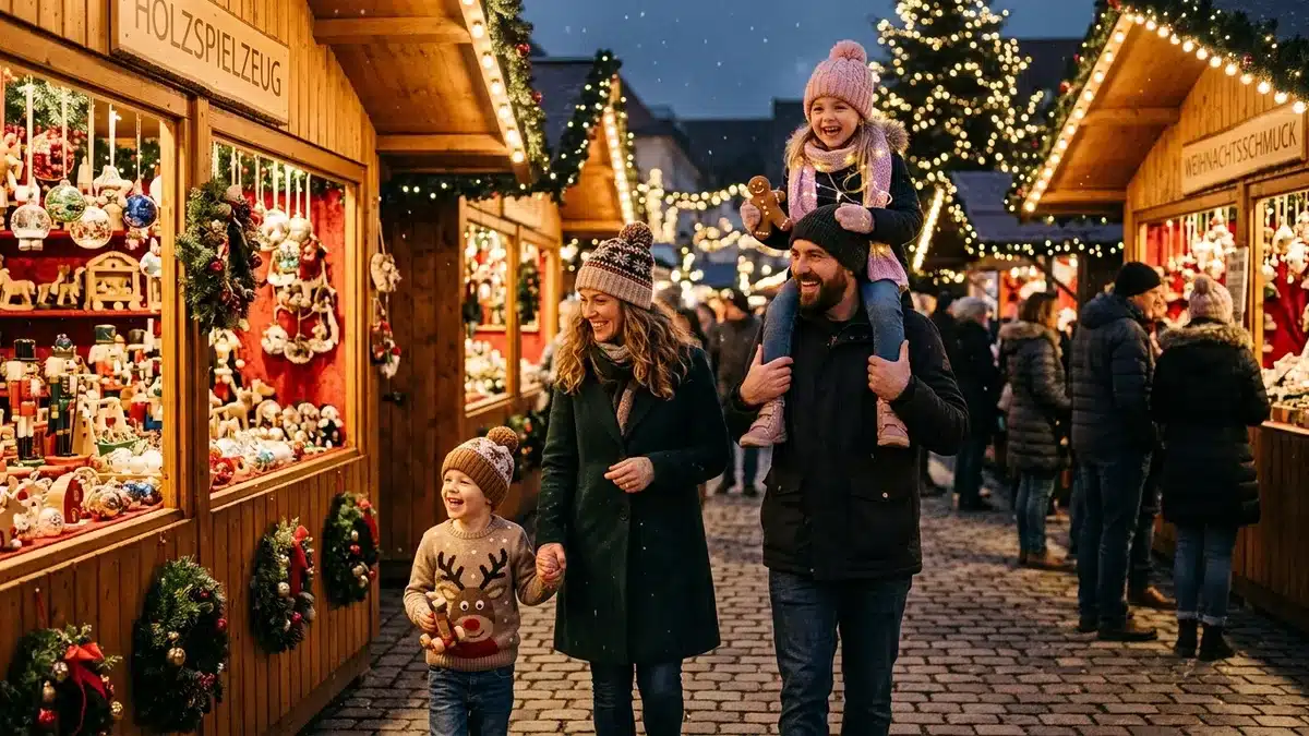 Famille avec jeunes enfants visitant un marché de Noël parisien décoré, ambiance festive
