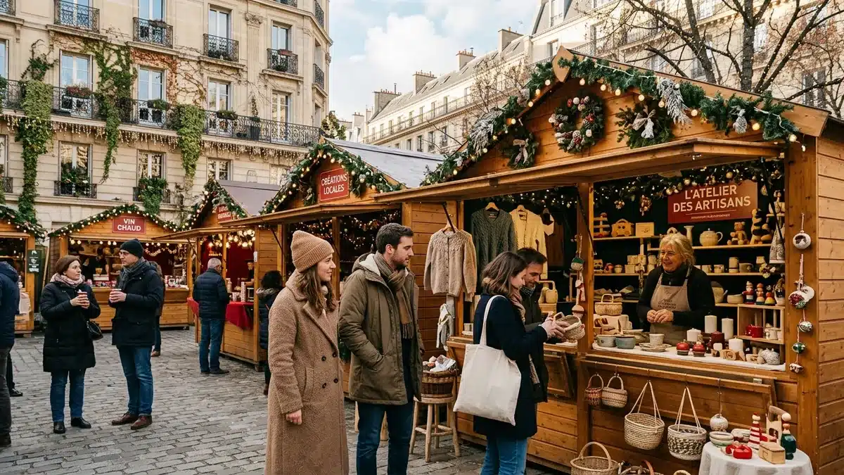 Petit marché de Noël artisanal de quartier parisien avec chalets en bois et créateurs locaux