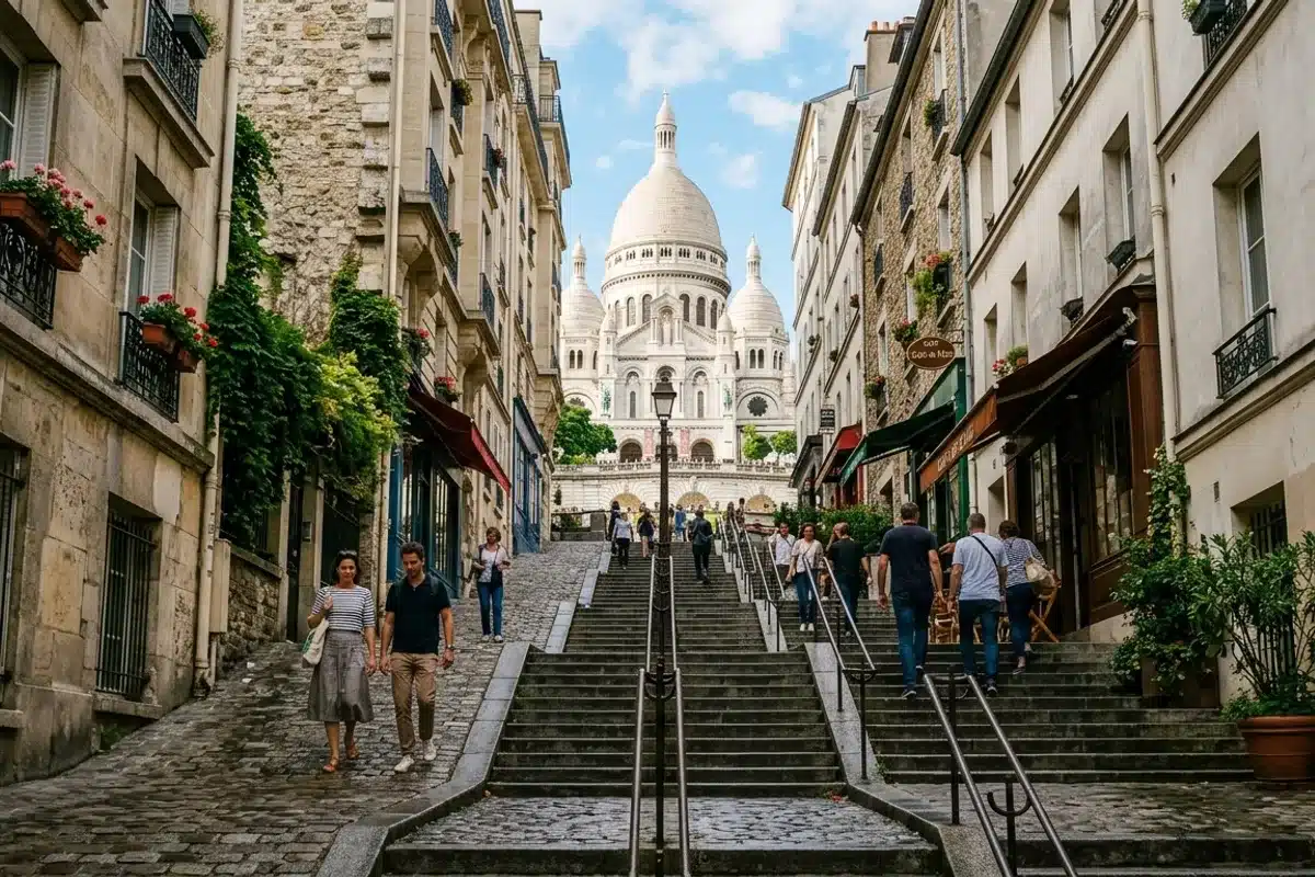 Escalier pittoresque de Montmartre avec la basilique du Sacré-Cœur en arrière-plan