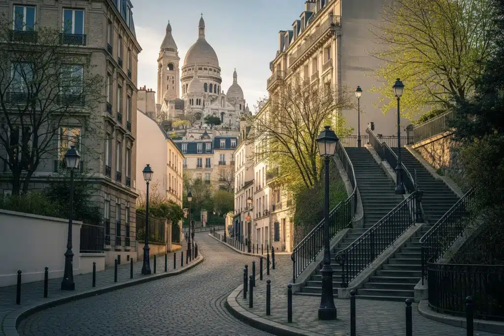 Montmartre à Paris, la basilique du Sacré-Cœur vue depuis une ruelle pavée à escaliers