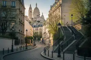 Montmartre à Paris, la basilique du Sacré-Cœur vue depuis une ruelle pavée à escaliers