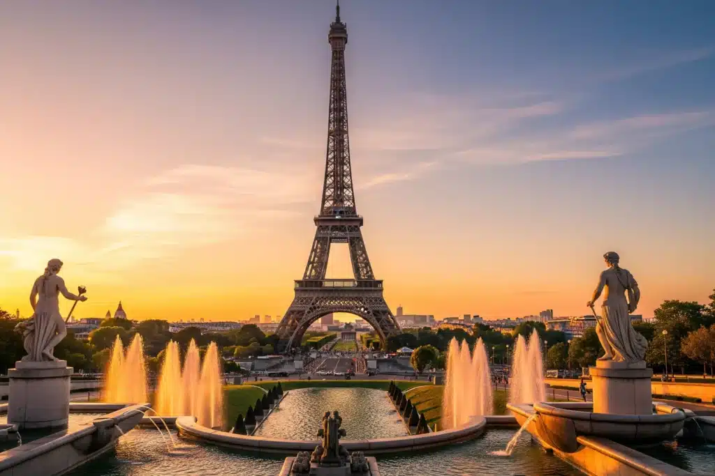Monuments de Paris, la Tour Eiffel vue des jardins du Trocadéro au coucher du soleil