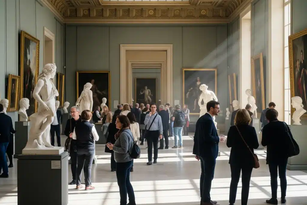 Musée gratuit à Paris, visiteurs dans une galerie lumineuse avec sculptures et tableaux