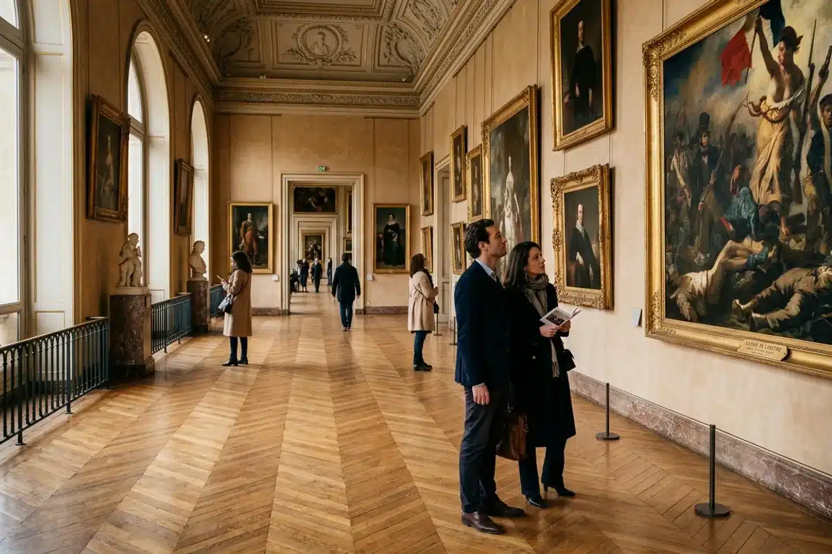 Visiteurs dans un musée parisien Visiteurs dans une galerie de musée parisien, intérieur lumineux avec oeuvres d'art exposées