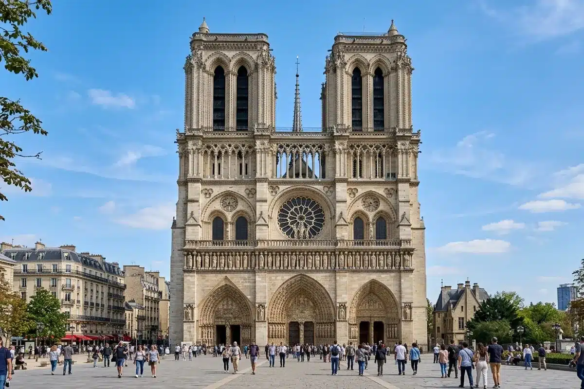 La cathédrale Notre-Dame de Paris Façade gothique de la cathédrale Notre-Dame de Paris sous un ciel bleu