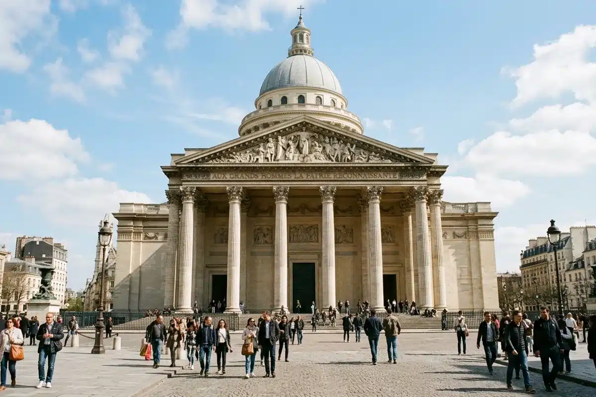 Façade du Panthéon, 5e arrondissement de Paris Façade néoclassique du Panthéon de Paris sous un ciel bleu, colonnes corinthiennes et dôme, passants sur la place