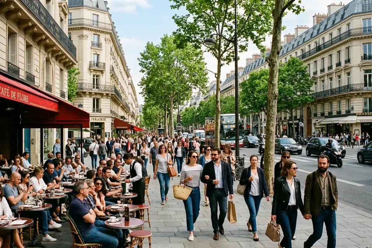 Boulevard parisien animé avec terrasses de café et passants par une journée ensoleillée