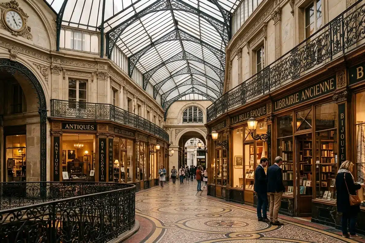 Passage couvert parisien du XIXe siècle avec verrière et boutiques, atmosphère historique