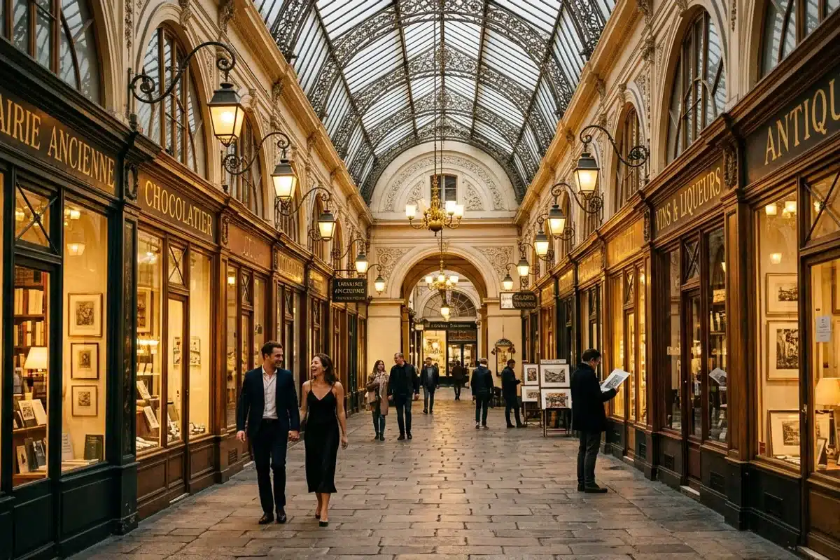 Passage couvert parisien du XIXe siècle Intérieur d'un passage couvert parisien du XIXe siècle avec verrière en fer forgé et boutiques