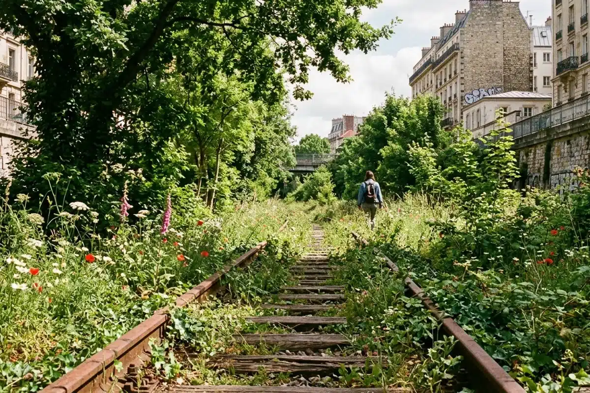 Ancienne voie ferrée de la Petite Ceinture à Paris, rails abandonnés colonisés par la végétation sauvage