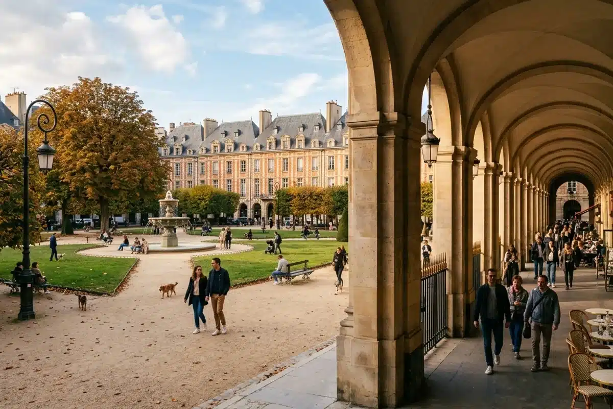 Arcades et jardin de la place des Vosges dans le Marais avec promeneurs