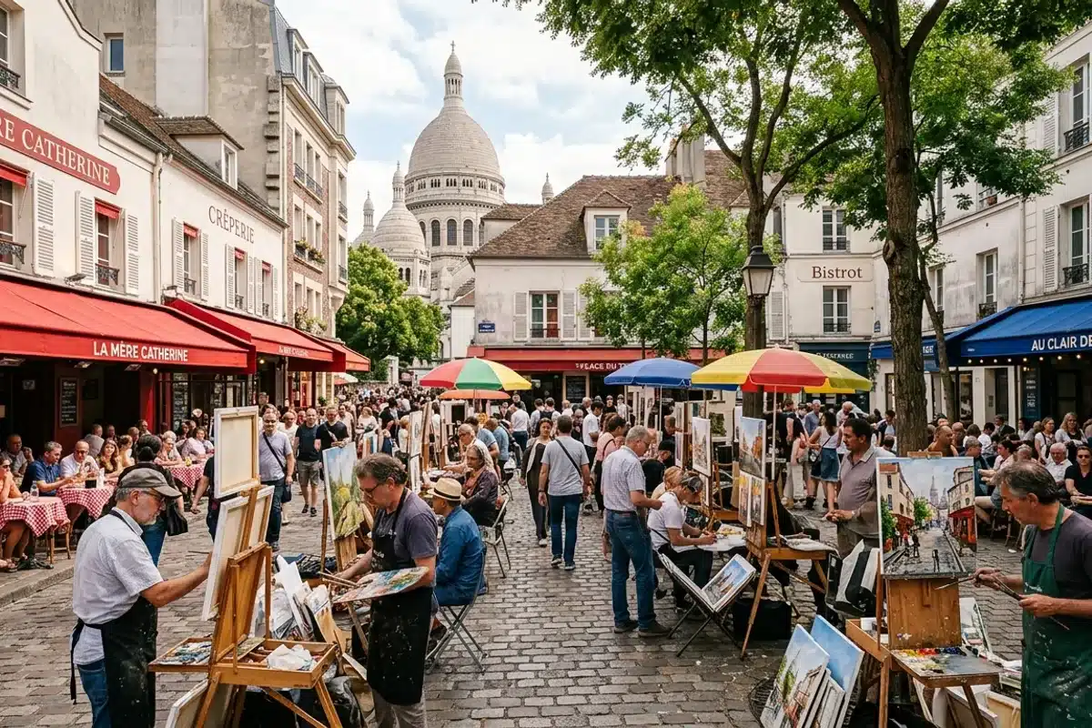 La place du Tertre à Montmartre Place du Tertre à Montmartre avec peintres, chevalets et terrasses de café
